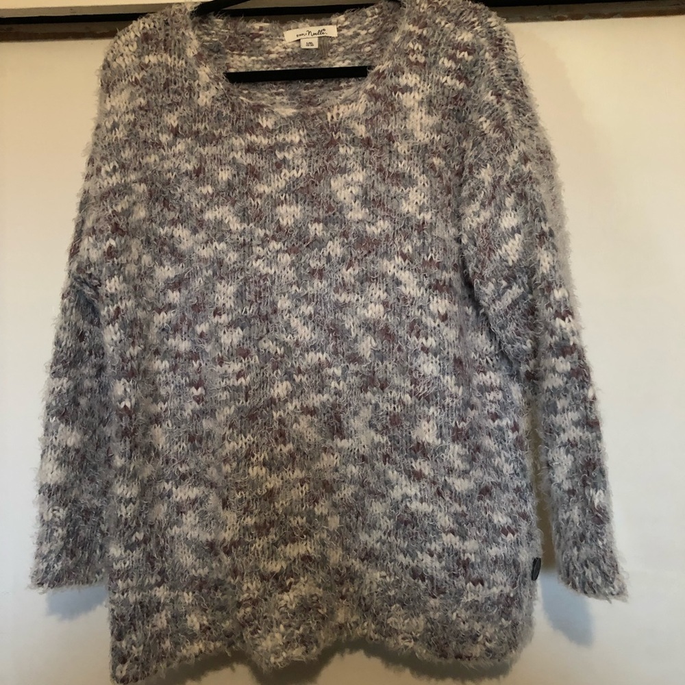 Warm and cozy purple and grey sweater with detail